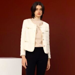 Cleo Elegant Cream Women's Textured Bouclé Jacket with Gold Details Sz Medium